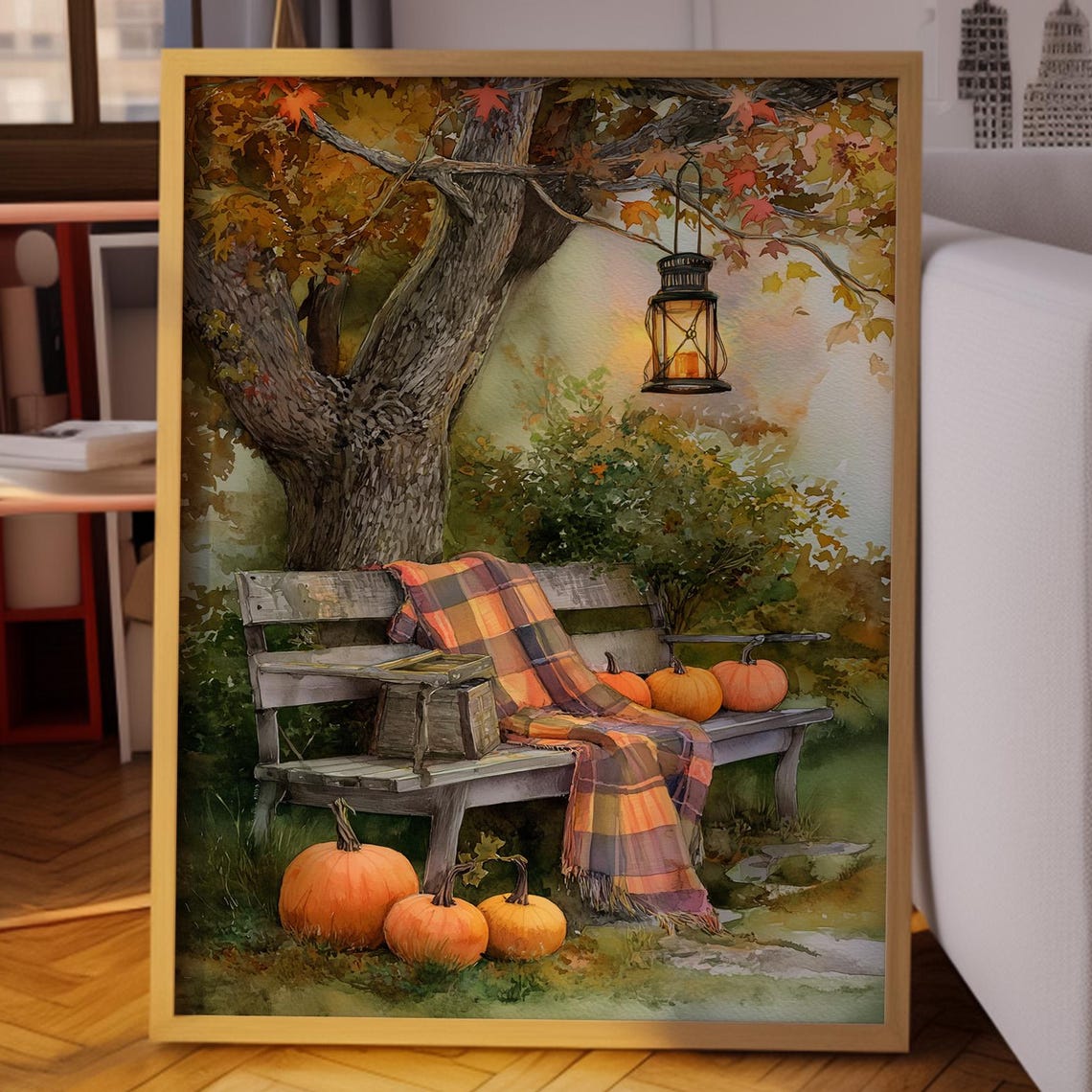 Cozy Autumn Bench With Pumpkins Plaid Blanket and Lantern Poster