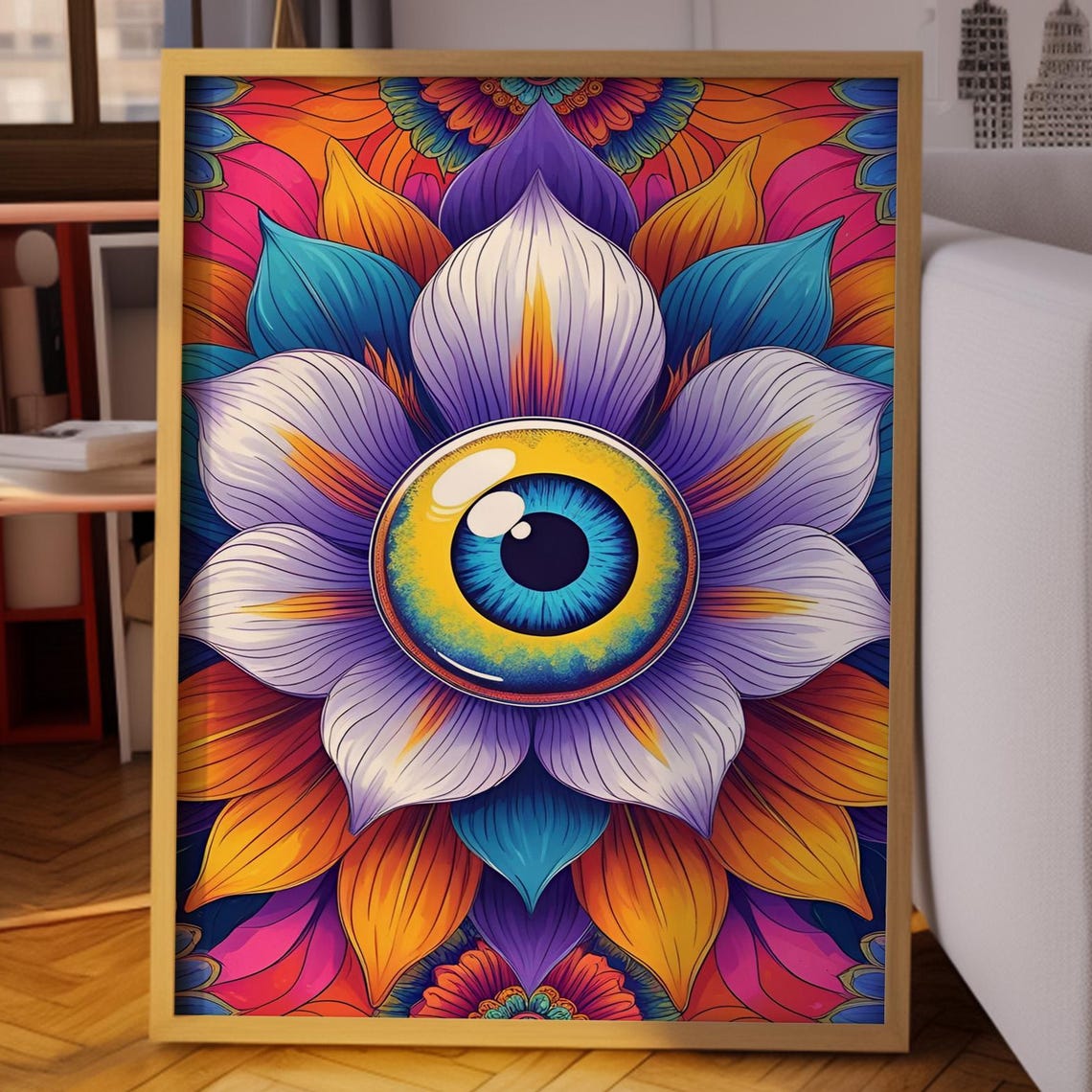 Blue Eye Centered Rainbow Lotus Mandala Psychedelic Flower Poster