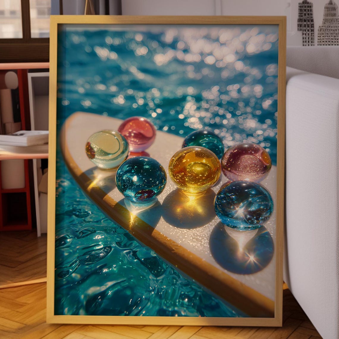 Colorful Glass Marbles on Surfboard in Sparkling Ocean Poster