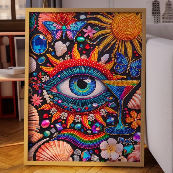 Jeweled Blue Eye Sun With Gems Shells Martini On Black Art Poster