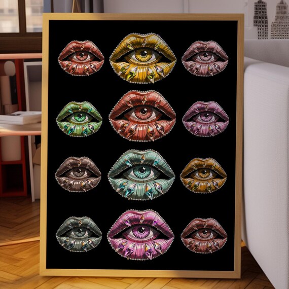 Glamorous Eye Lip Pop Art Print Colorful Psychedelic Wall Poster Rhinestone Glitter Modern Woman Abstract