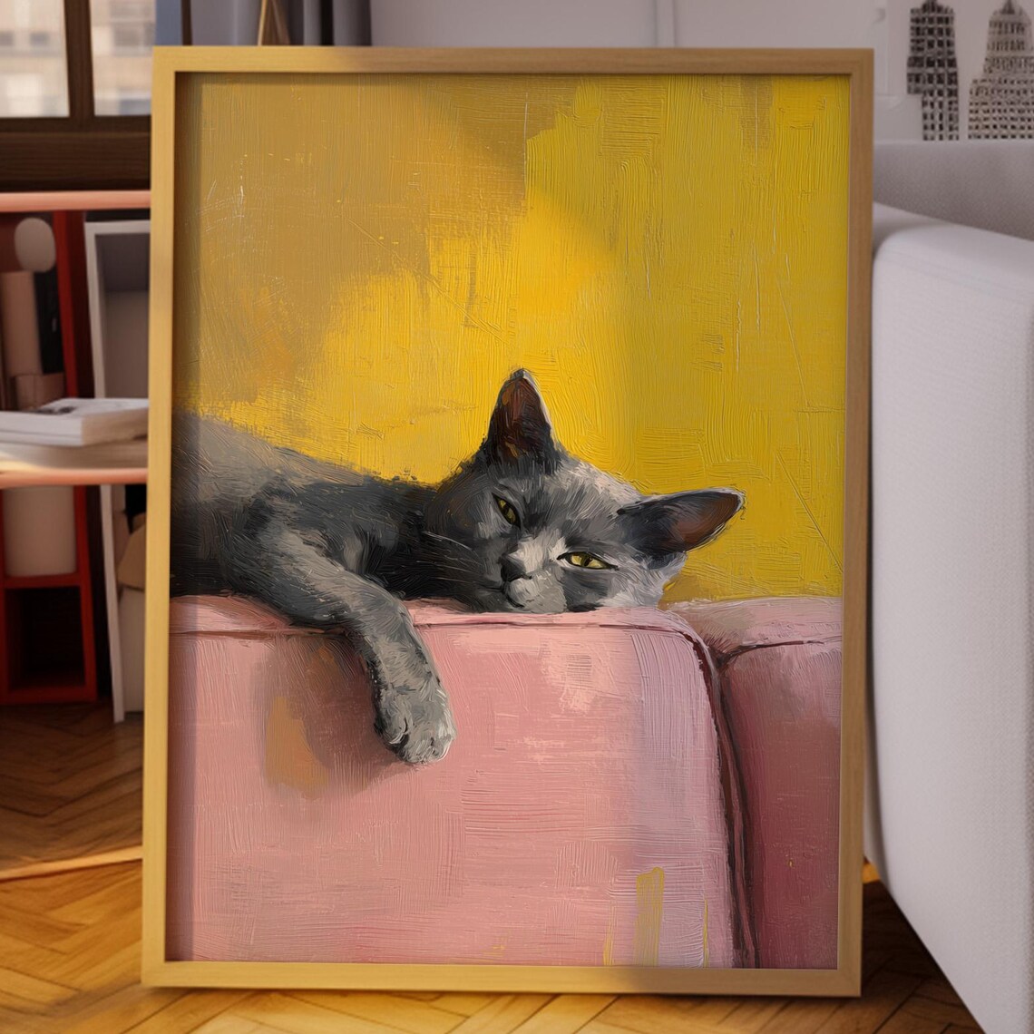Lazy Cat Gray Painting Print, Modern Pet Portrait