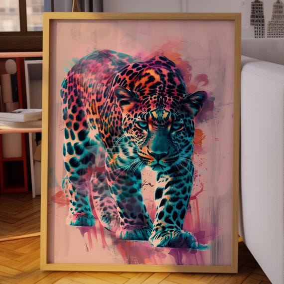 Colorful Leopard Wall Art Neon Jungle Animal Poster Bold Big Cat Print Maximalist Decor Trendy Cosmic