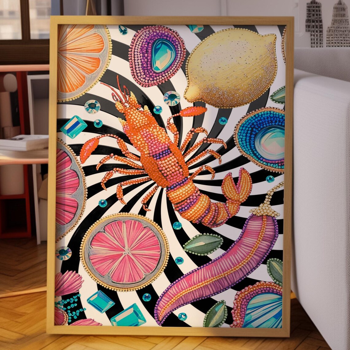 Beaded Lobster On Black White Spiral With Citrus Fruits Pop Poster