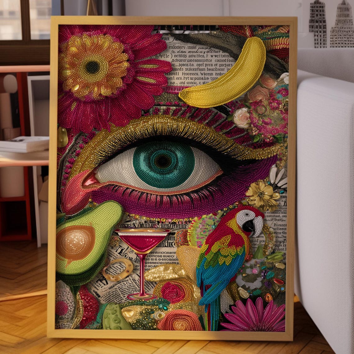 Jeweled Green Eye With Macaw Parrot Cocktail Trippy Maximalist Poster