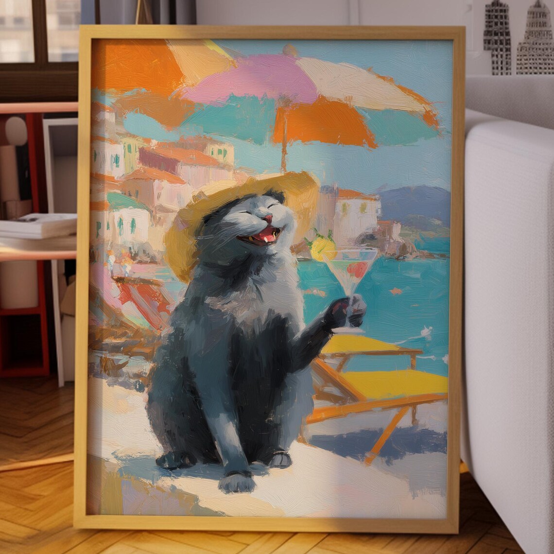 Happy Gray Cat With Cocktail Under Beach Umbrella Painting Poster