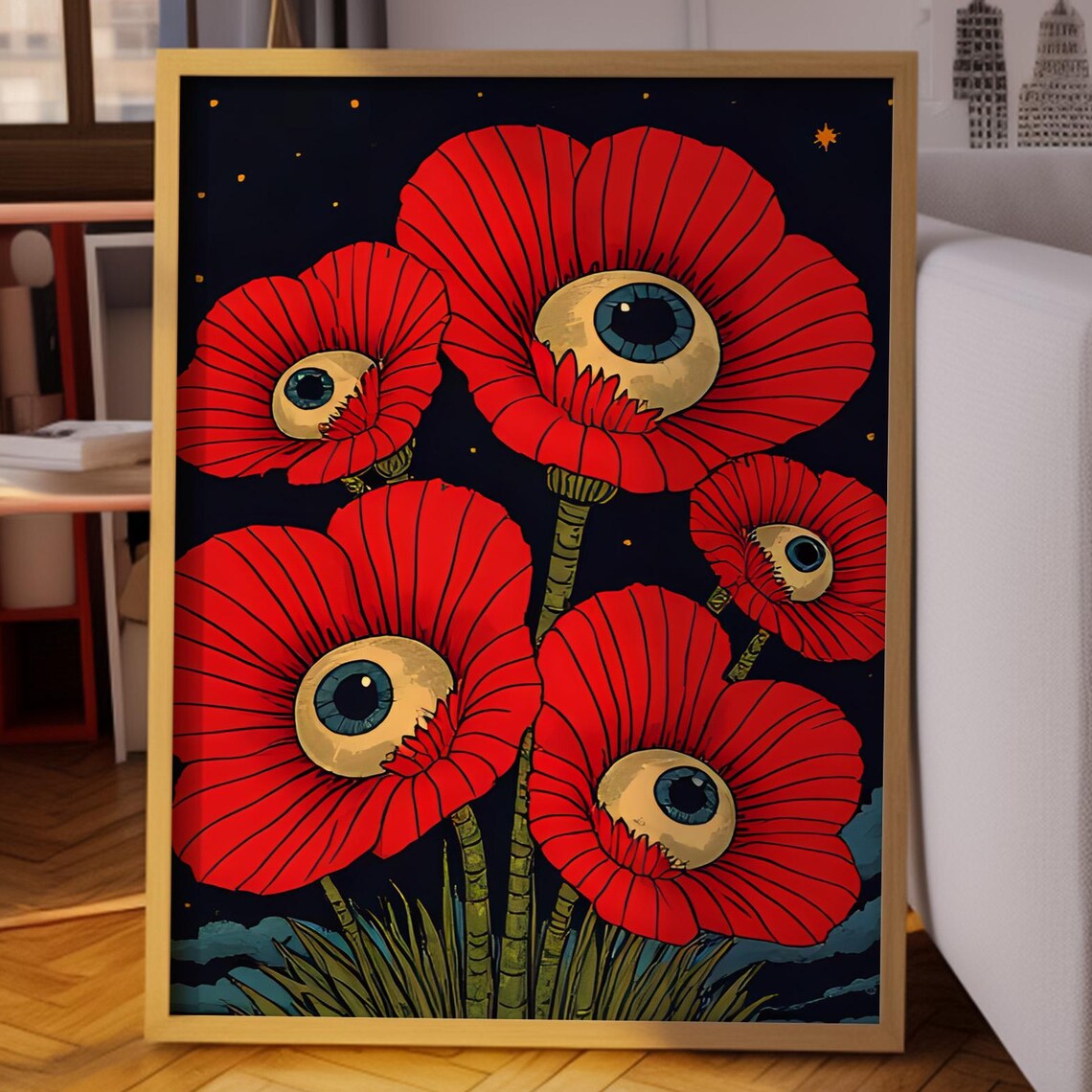 Red Poppy Flowers With Eyeballs On Dark Starry Night Surreal Poster