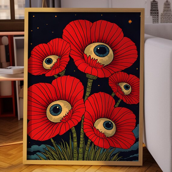 Red Poppy Flowers With Eyeballs On Dark Starry Night Surreal Poster