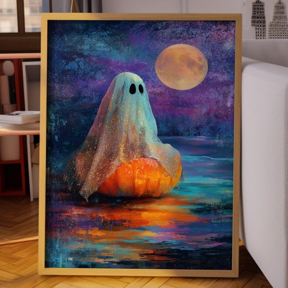 Cute Ghost on Pumpkin Under Full Moon Halloween Night Poster