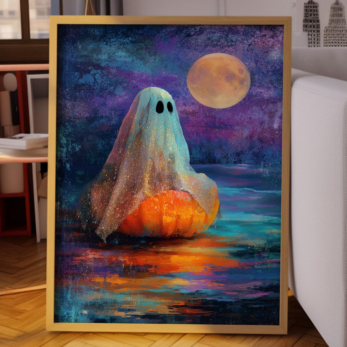 Cute Ghost on Pumpkin Under Full Moon Halloween Night Poster