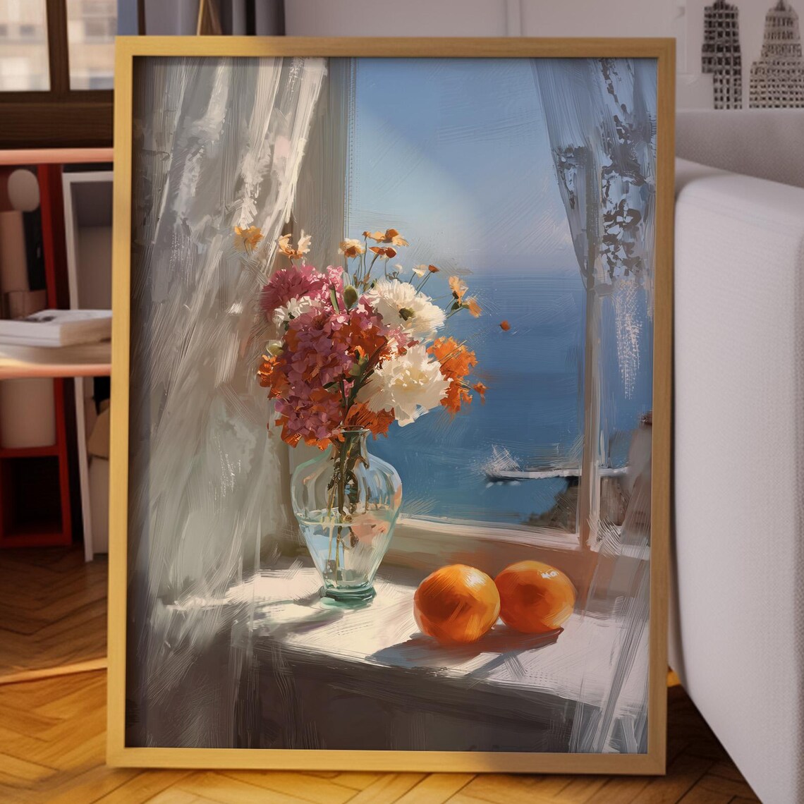 Coastal Windowsill Still Life With Flowers and Oranges Poster