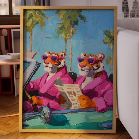 Twin Tiger Poster Retro Art Cool Tigers In Pink Robes Driving Convertible Palm Tree Background Pop Oil Painting Home Style