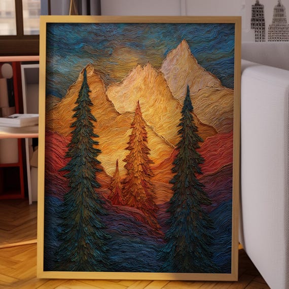 Vibrant Mountain Landscape Print Colorful Sunset Wall Art Abstract Pine Tree Painting Nature Inspired Scenic Home Cabin Decor