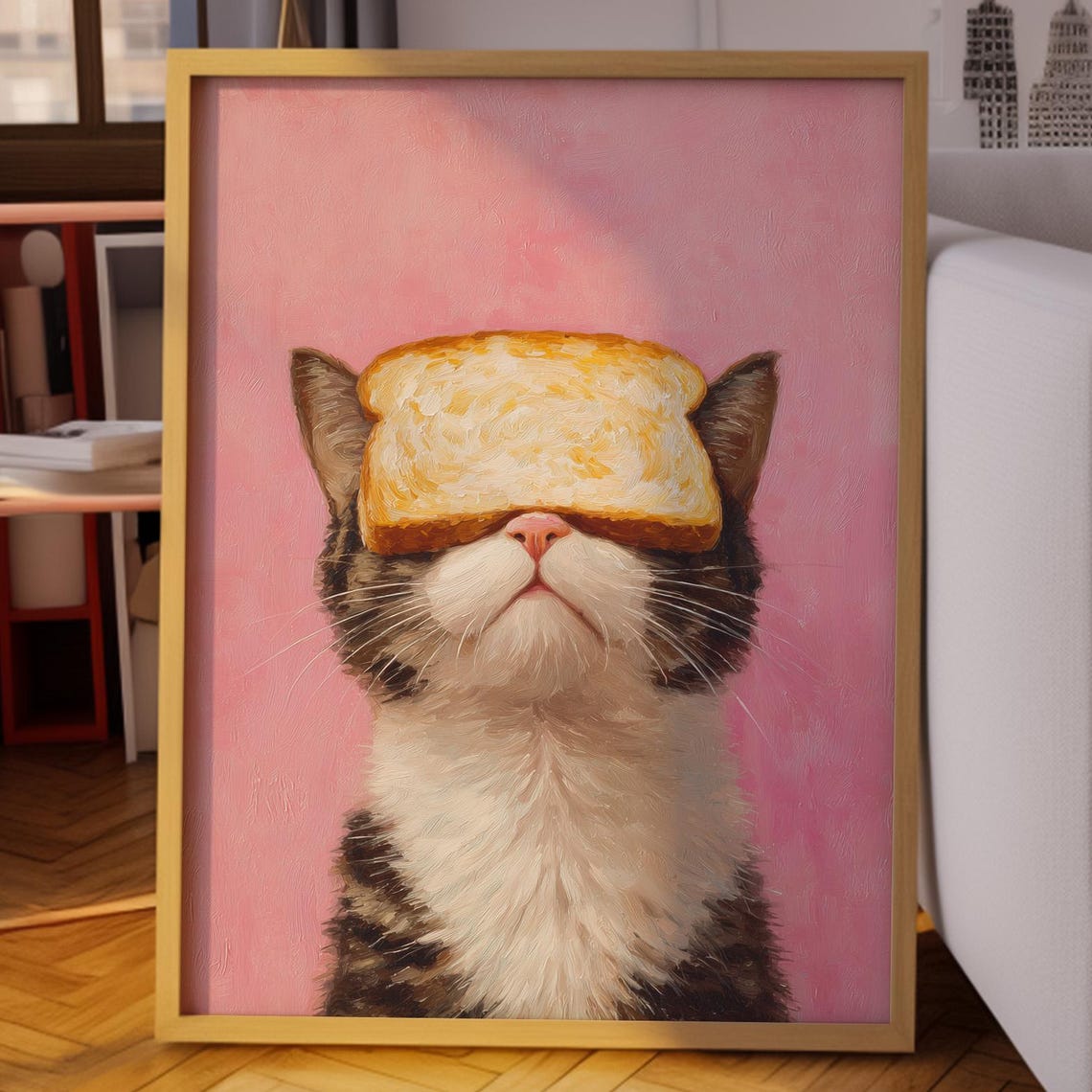 Bread Cat Tabby With Toast On Its Head Funny Pastel Pink Poster