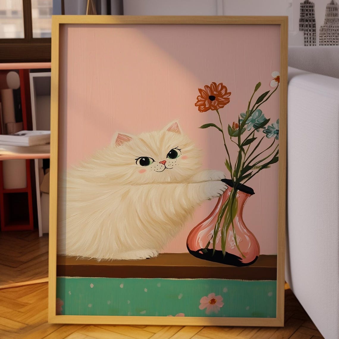 Fluffy White Kitten Hugging Pink Flower Vase Sweet Art Poster