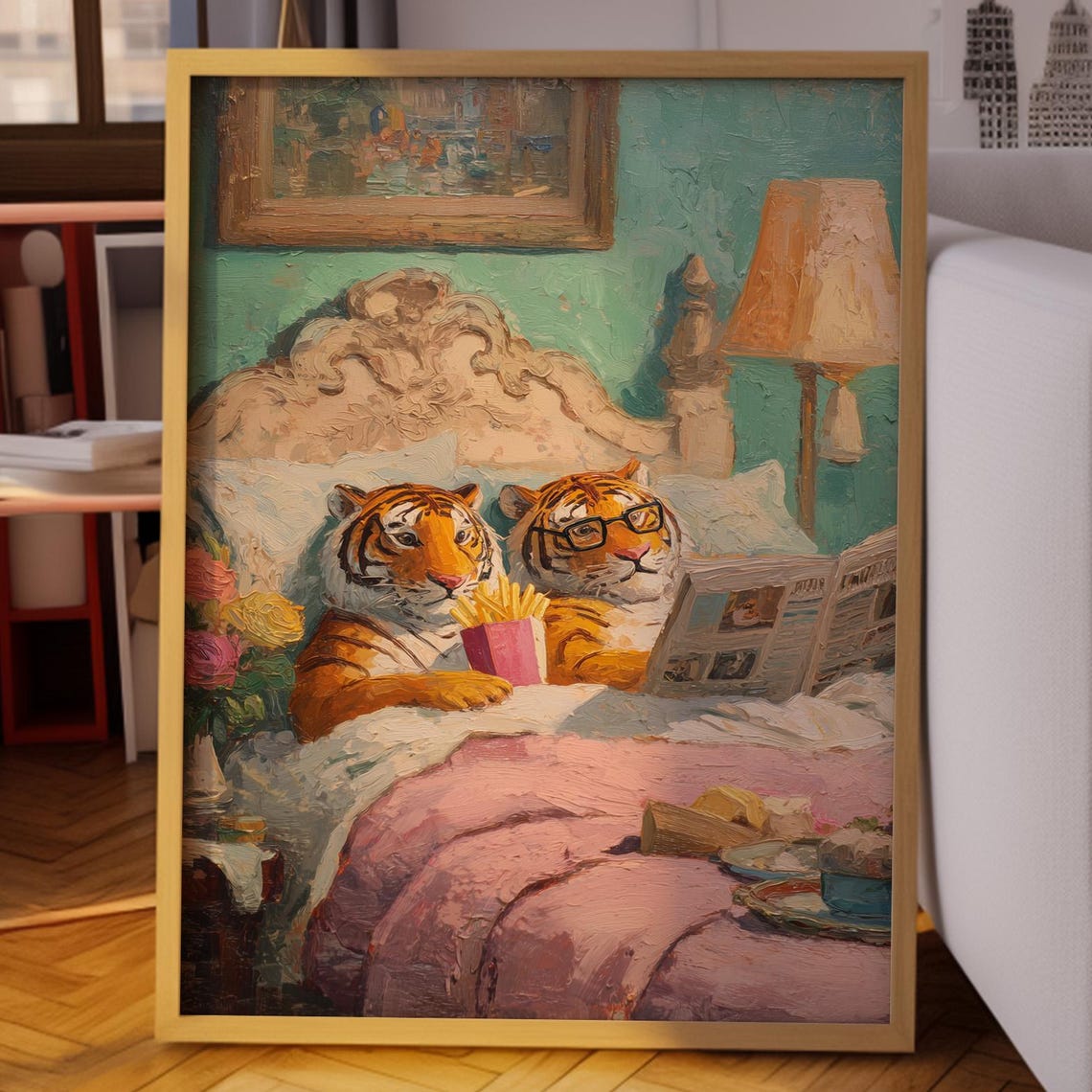 Two Tigers With Glasses Reading Newspaper With Fries in Bed Poster
