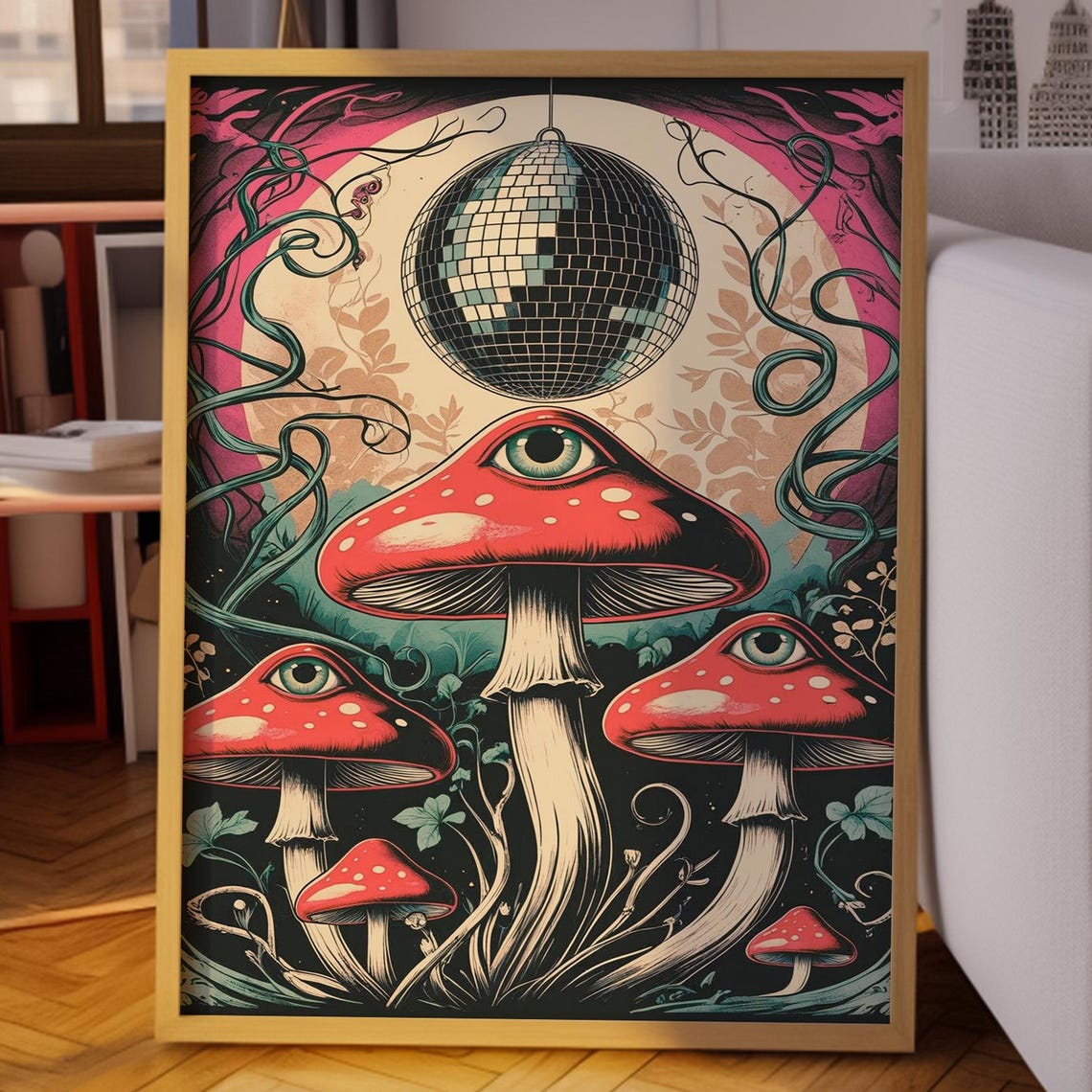 Red Mushrooms With Eyes Under Disco Ball Pink Moon Trippy Poster