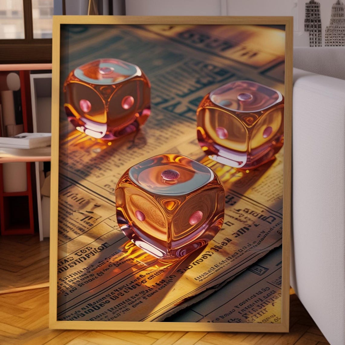Glowing Translucent Amber Glass Dice On Vintage Newspaper Poster