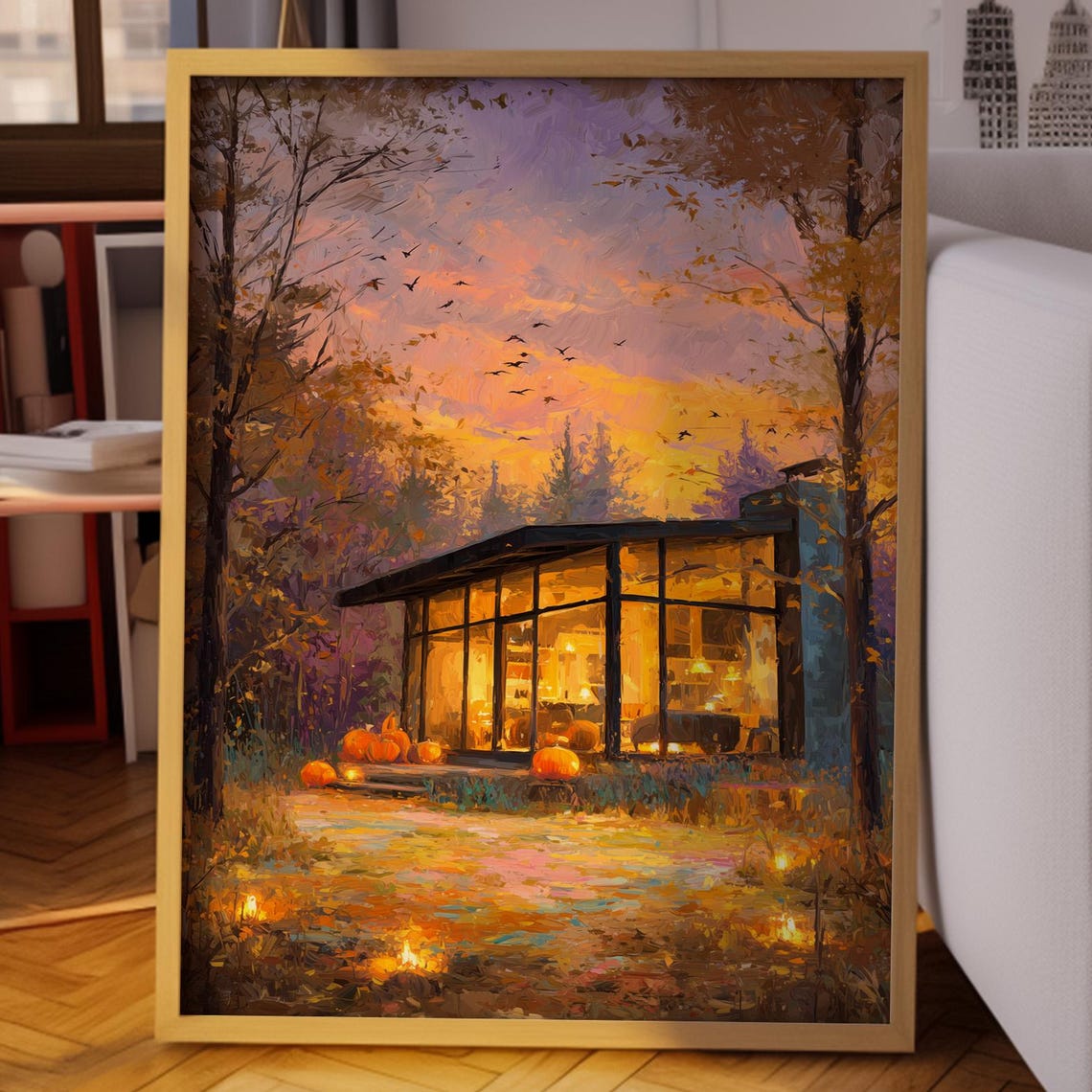 Glowing Glass Cabin Surrounded by Pumpkins at Fall Sunset Poster