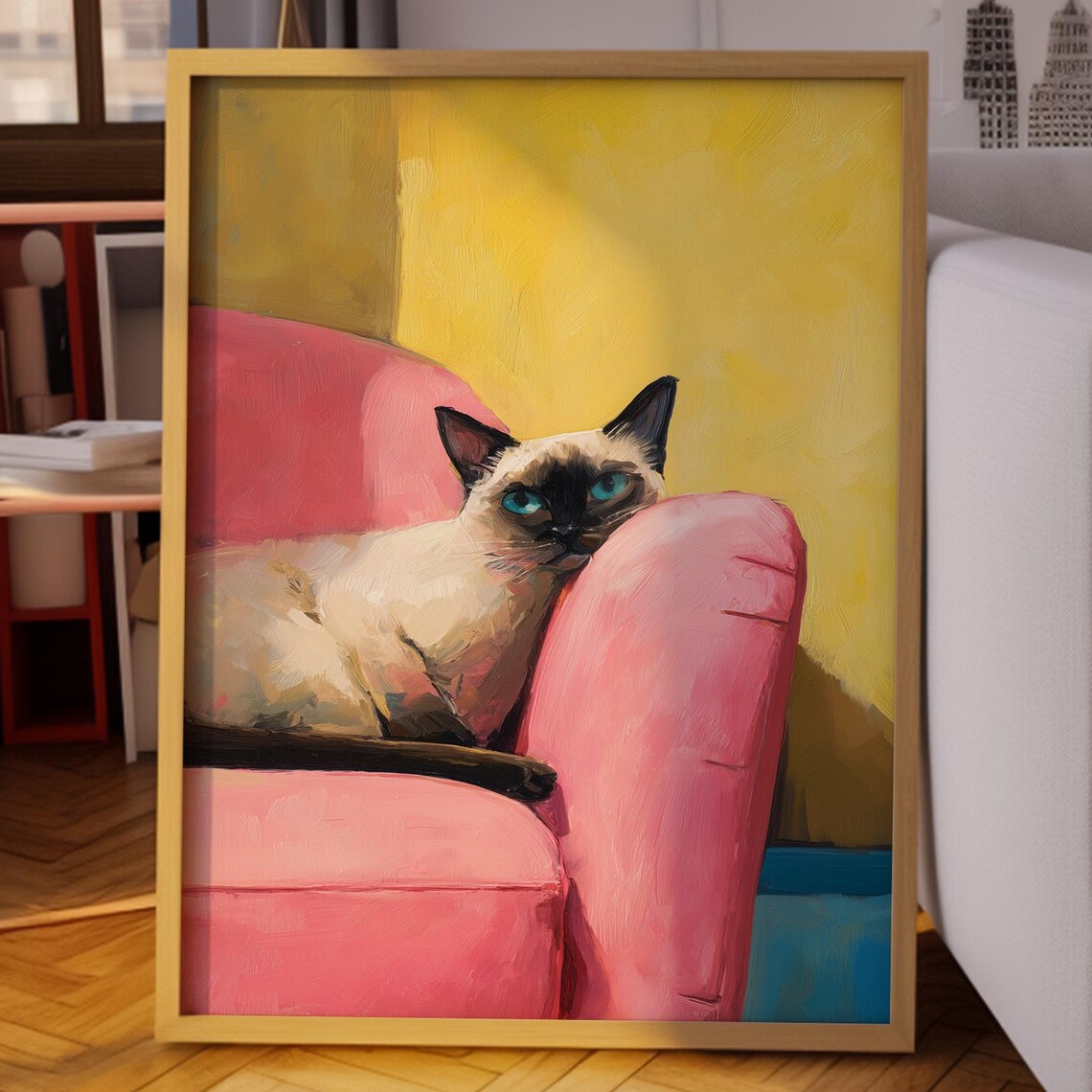Blue Eyed Siamese Cat Lounging on a Pink Armchair Oil Painting Poster