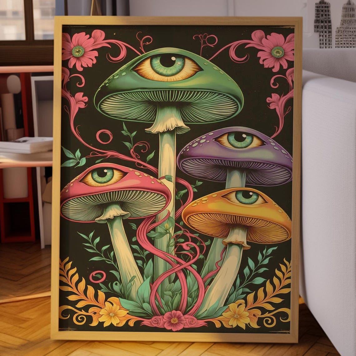Mushrooms With Eyes On Caps Trippy Botanical Psychedelic Art Poster