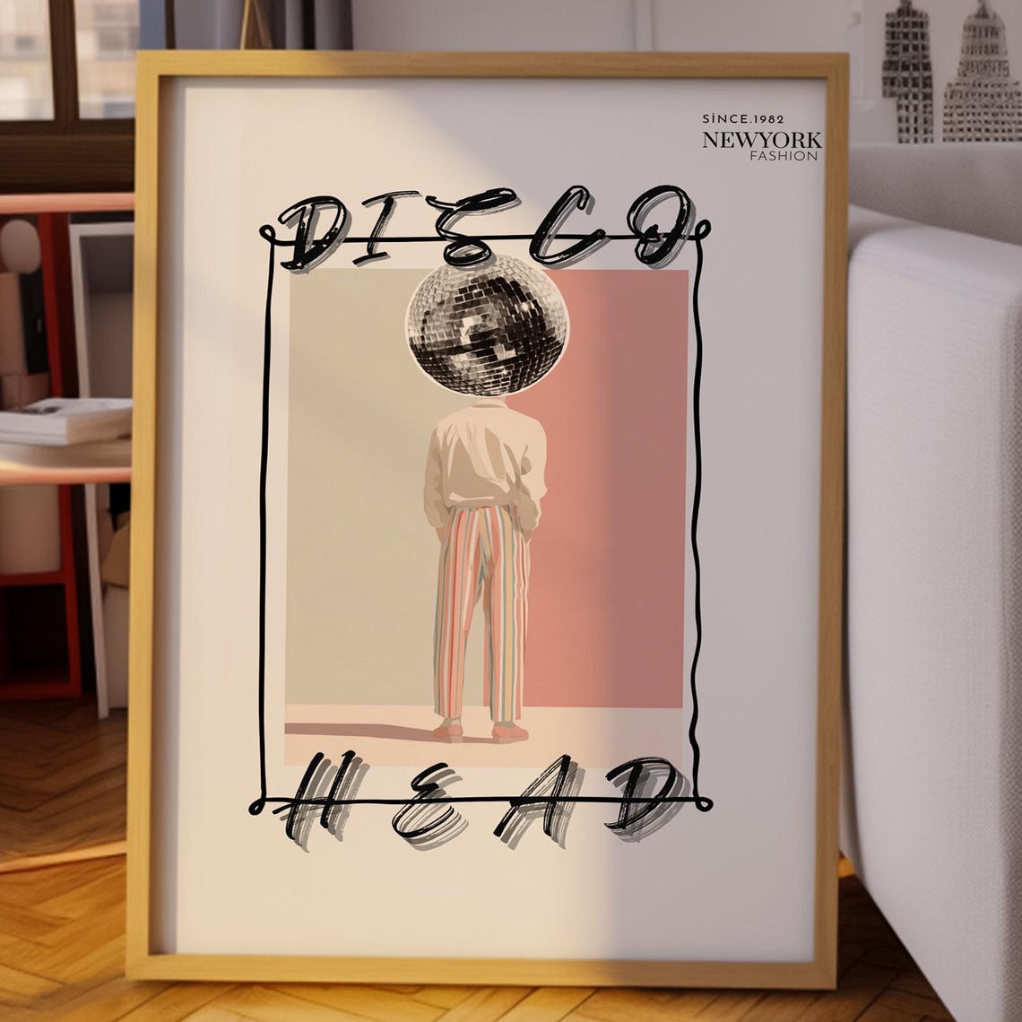 Disco Head Mirror Ball Figure Retro 1982 New York Fashion Poster