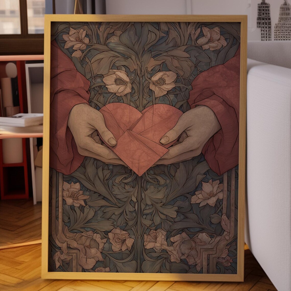 Art Nouveau Hands Holding Red Origami Heart in Bloom Floral Poster
