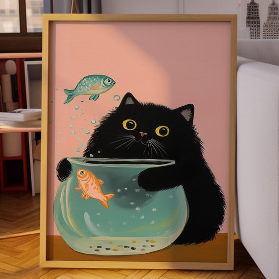 Black Cat And Fish Wall Art Funny Illustration Cute Animal Poster Playful Print Bowl