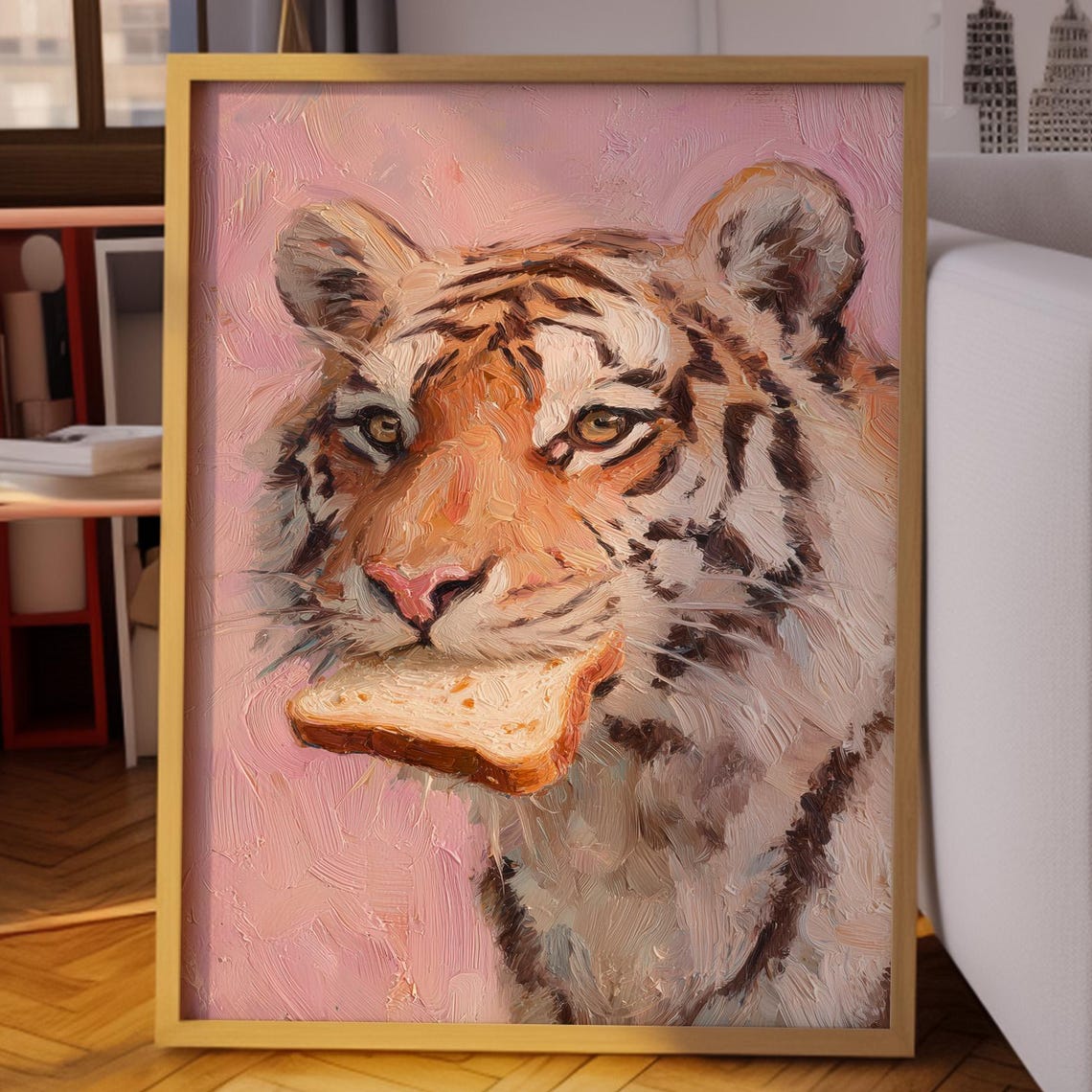 Bread Tiger Poster Art Funny With Painting Quirky Animal Wall Whimsical Print Playful Decor