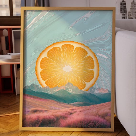 Oranges Print Abstract Landscape Colorful Nature Poster Modern Wall Art Psychedelic Preppy Retro Sunset