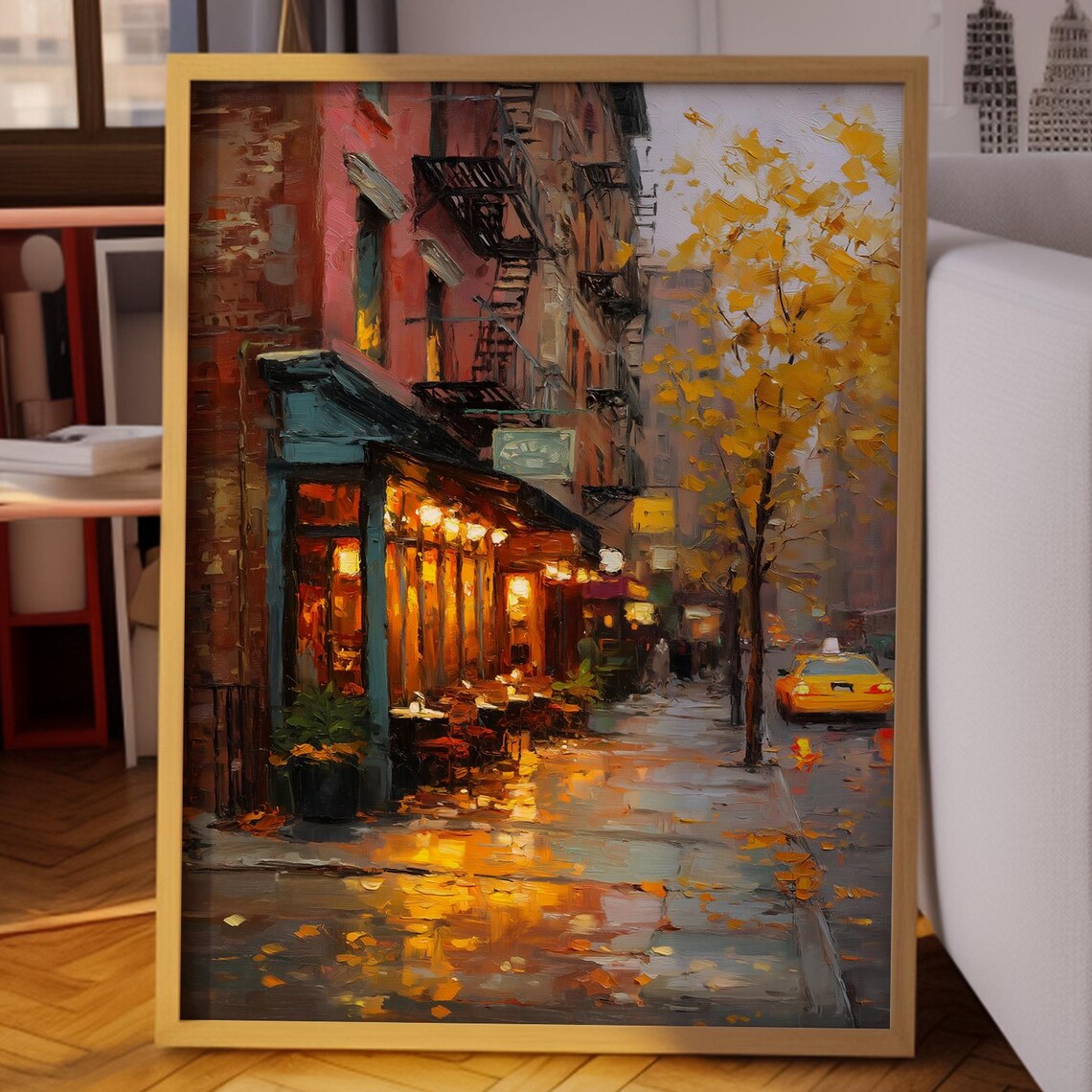 New York Rainy Street Art Print, Autumn Cityscape