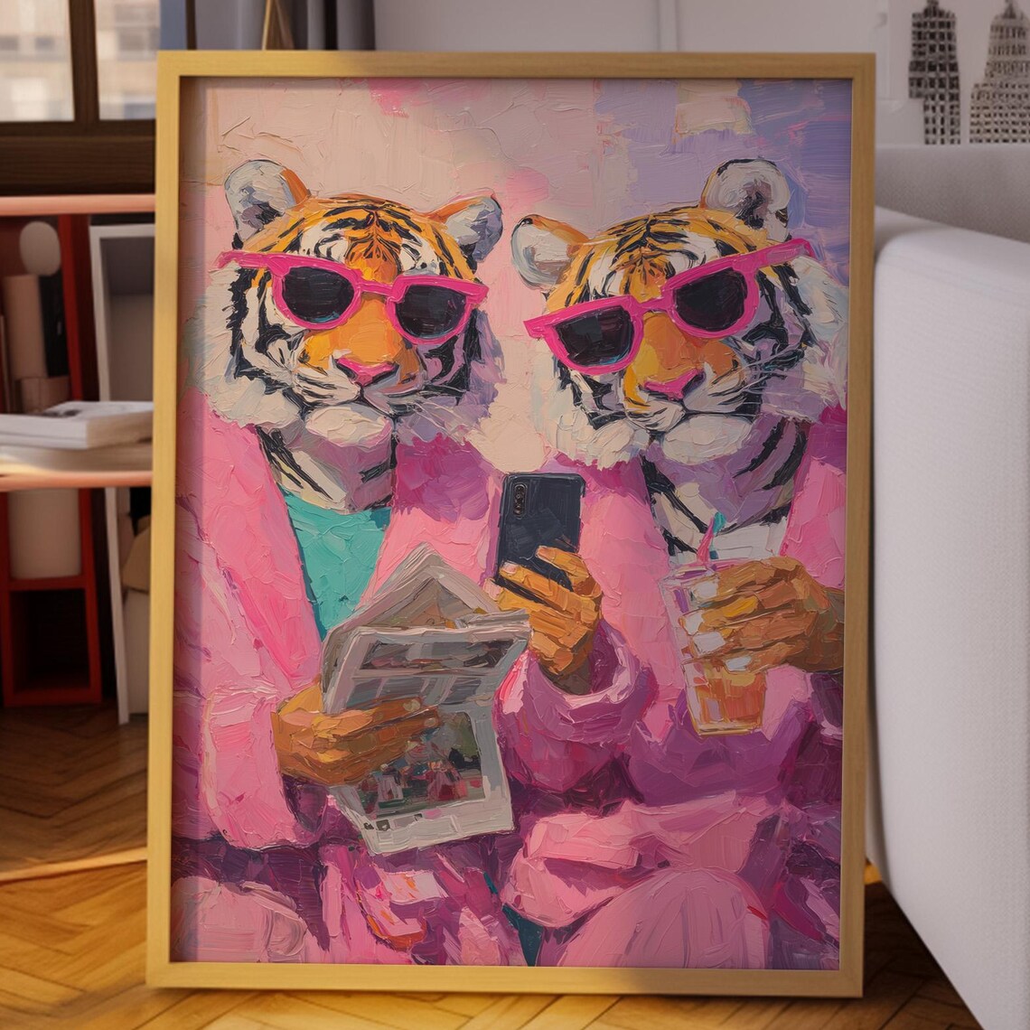 Twin Tigers in Bathrobes With Pink Sunglasses and Phone Poster