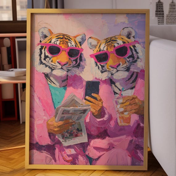 Twin Tiger Poster Cool Duo Wall Art Colorful Oil Painting Style Modern Pop Home Decor Dopamine Trendy