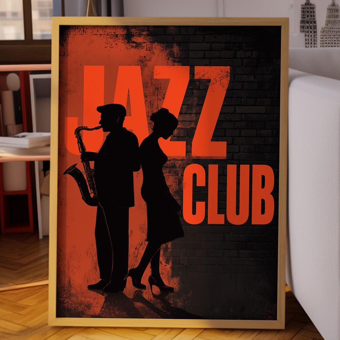 Jazz Club Saxophonist Silhouette Against Retro Brick Wall Print