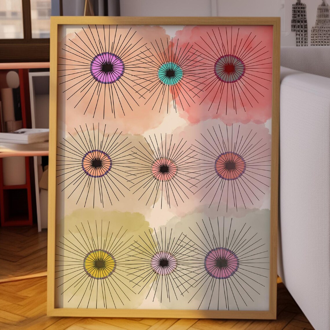 Nine Colorful Starburst Sea Urchin Motifs Pastel Abstract Art Poster