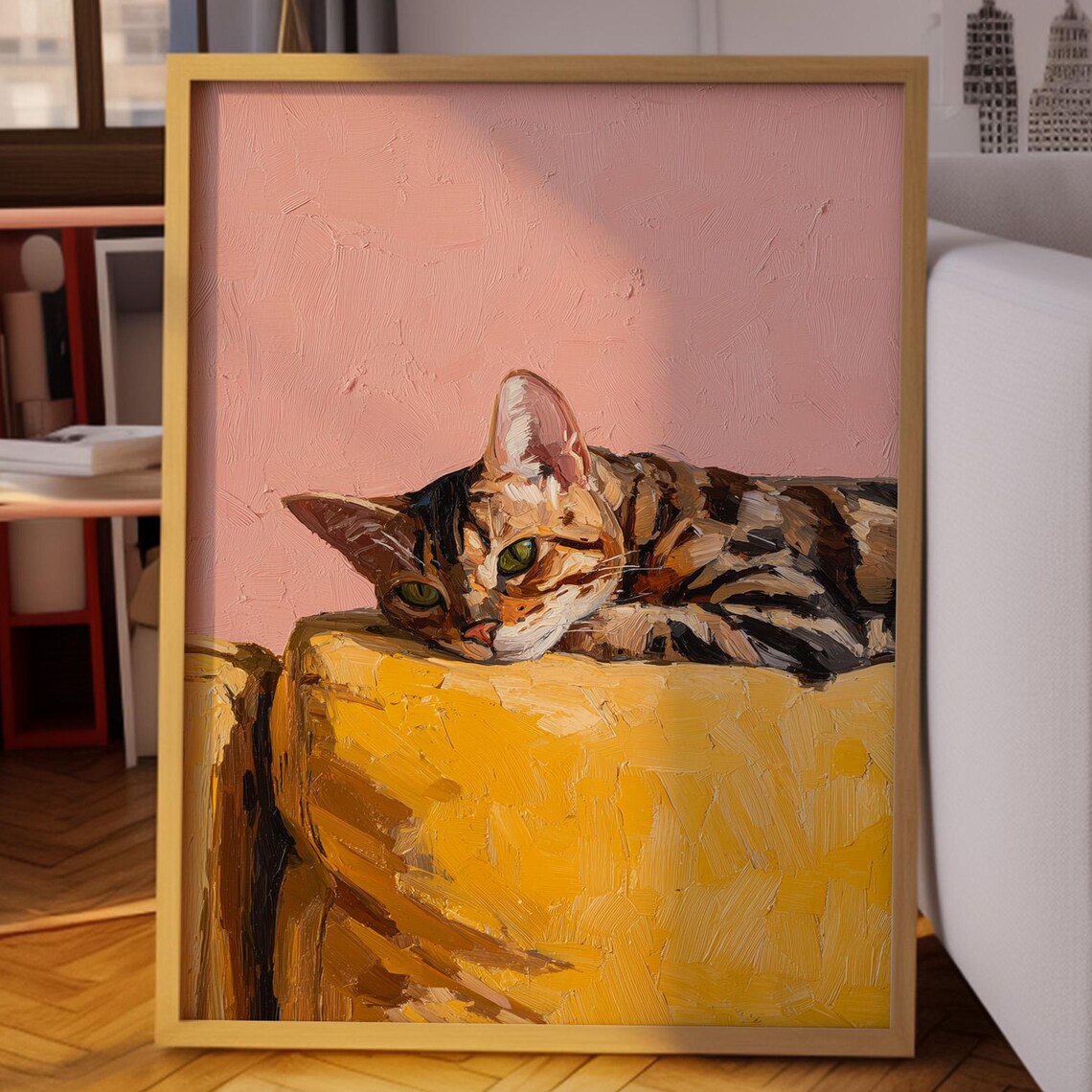 Green Eyed Tabby Cat Resting Chin on a Yellow Sofa Oil Painting Poster