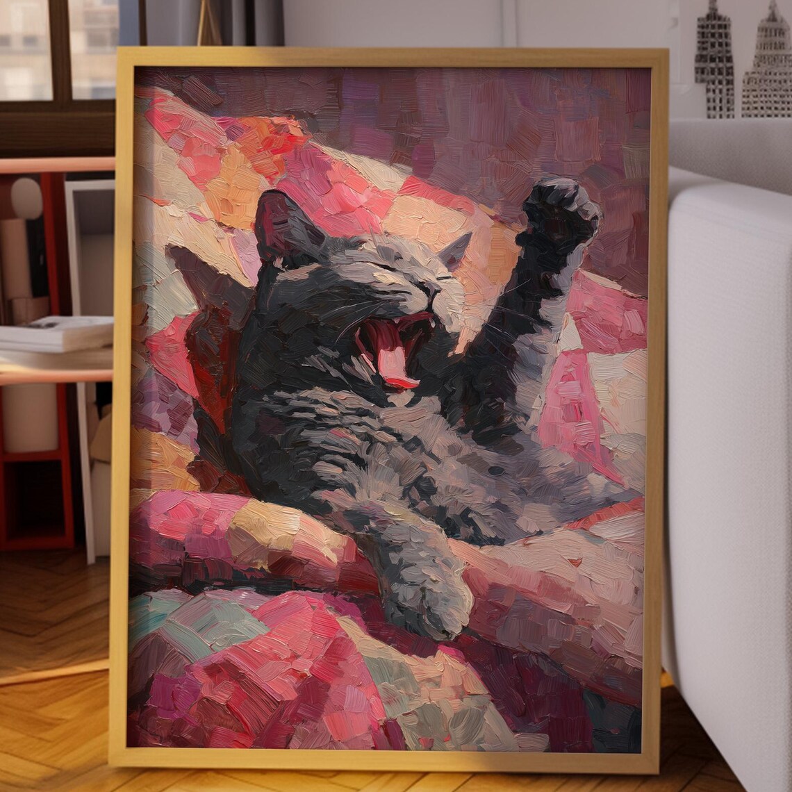 Yawning Gray Cat Stretching Lazily on a Pink Quilt Oil Painting Poster