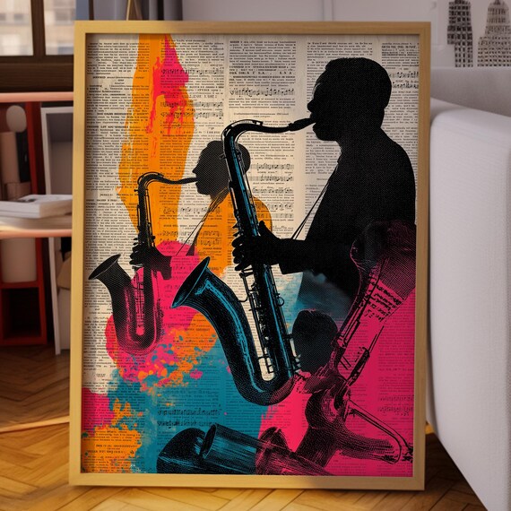 Jazz Saxophonist Silhouettes in Bold Colorful Pop Art Music Poster