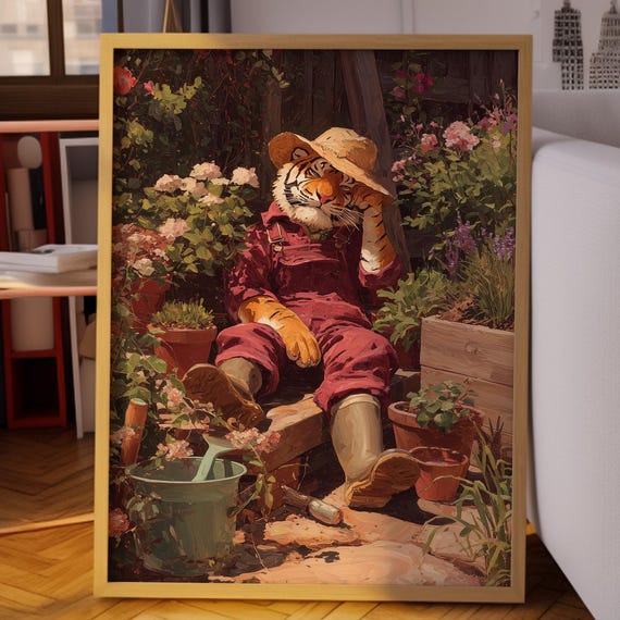 Tiger Poster Gardening In Straw Hat Whimsical Animal Illustration Cozy Garden Scene Playful Wall Art For Nature Lovers
