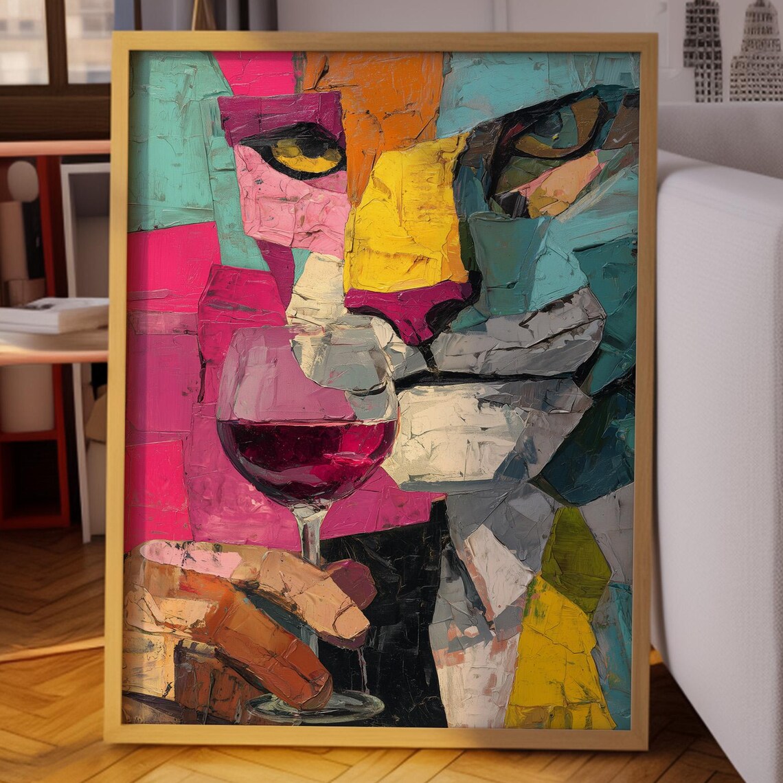 Abstract Colorful Tiger With a Glass of Wine Painting Poster