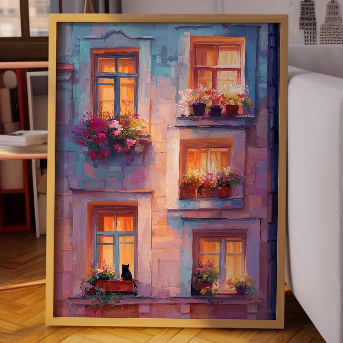 Romantic Glowing Parisian Windows With Flowers and a Black Cat Poster