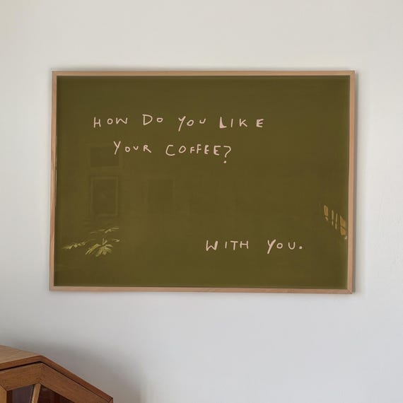 Coffee Quote Print Green Kitchen Wall Art Handdrawn Typography Poster Digital Download Horizontal
