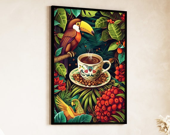 Coffee Poster Coffee Beans Animals Rainforest In Mayan Art Style Coffee Prints Kitchen Decor Coffee Lover Cafe Decor Espresso Prints