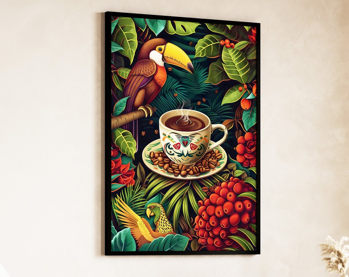 Toucan Rainforest Coffee Cup Ornate Mayan Folk Art Style Poster
