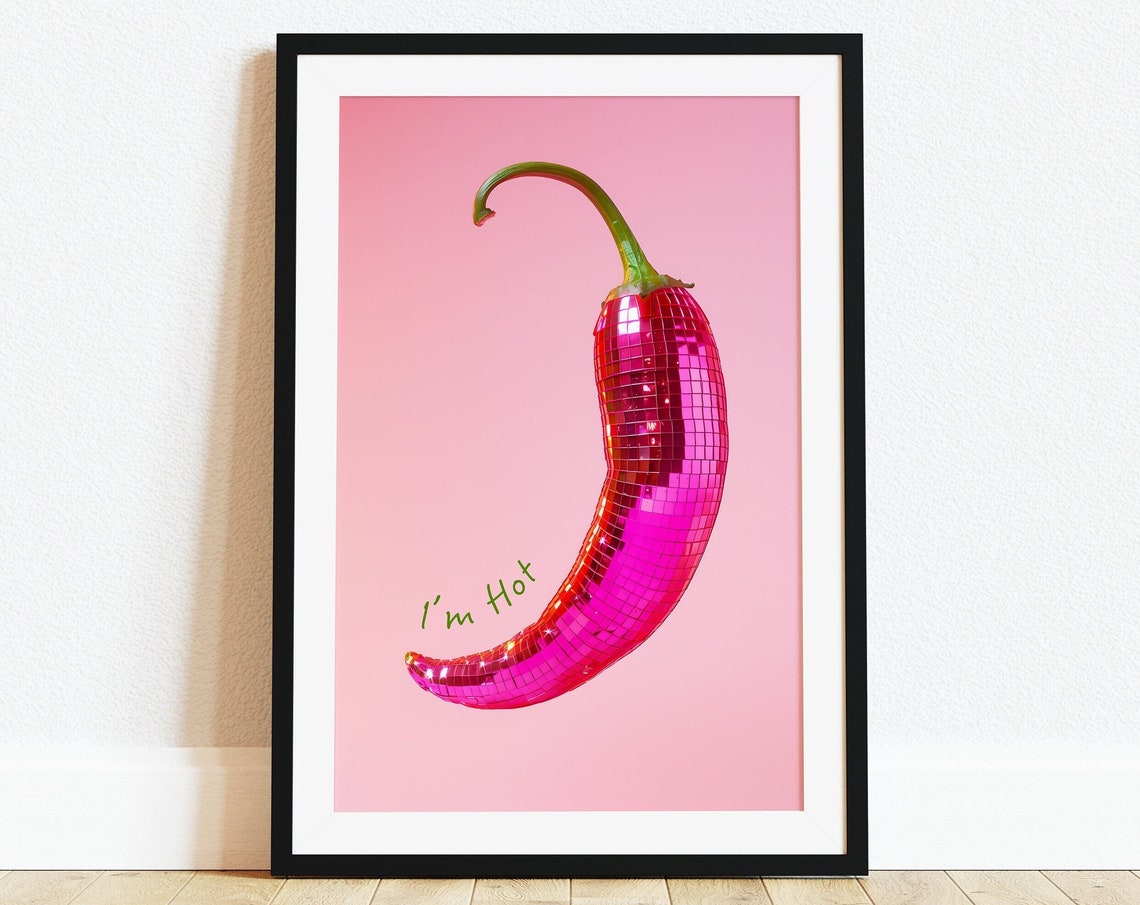 Pink Disco Ball Chili Pepper Im Hot Trendy Fun Kitchen Poster