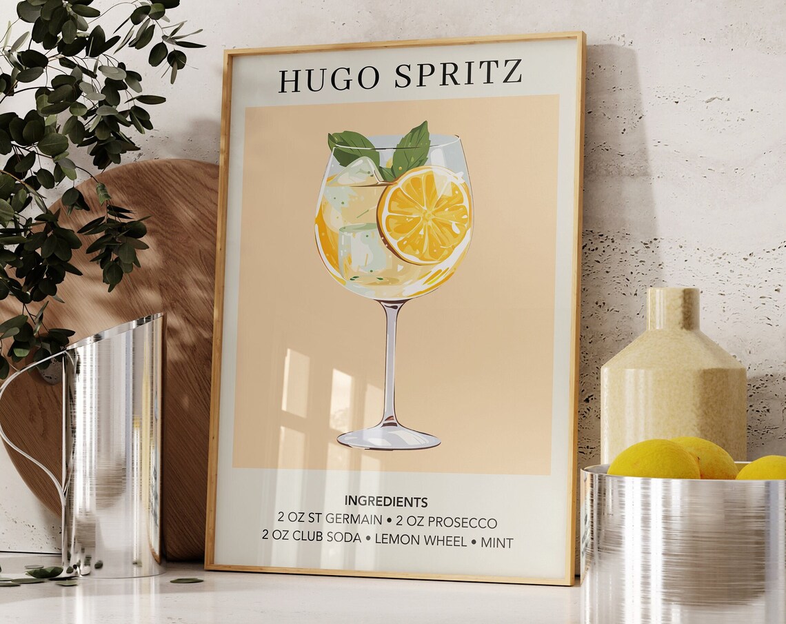 Hugo Spritz Mint Lemon Cocktail Recipe Illustration Summer Bar Decor Poster