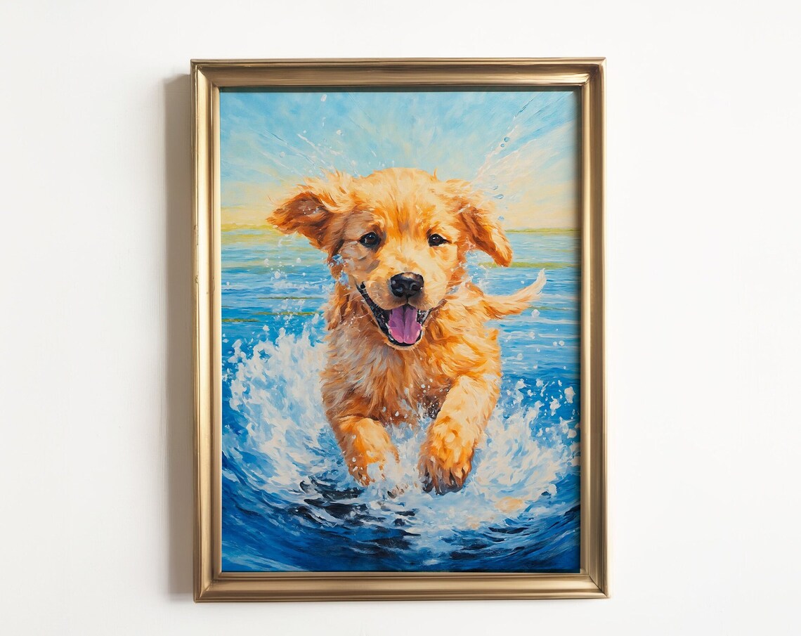 Golden Retriever Puppy Lake Art Print, Dog Lovers
