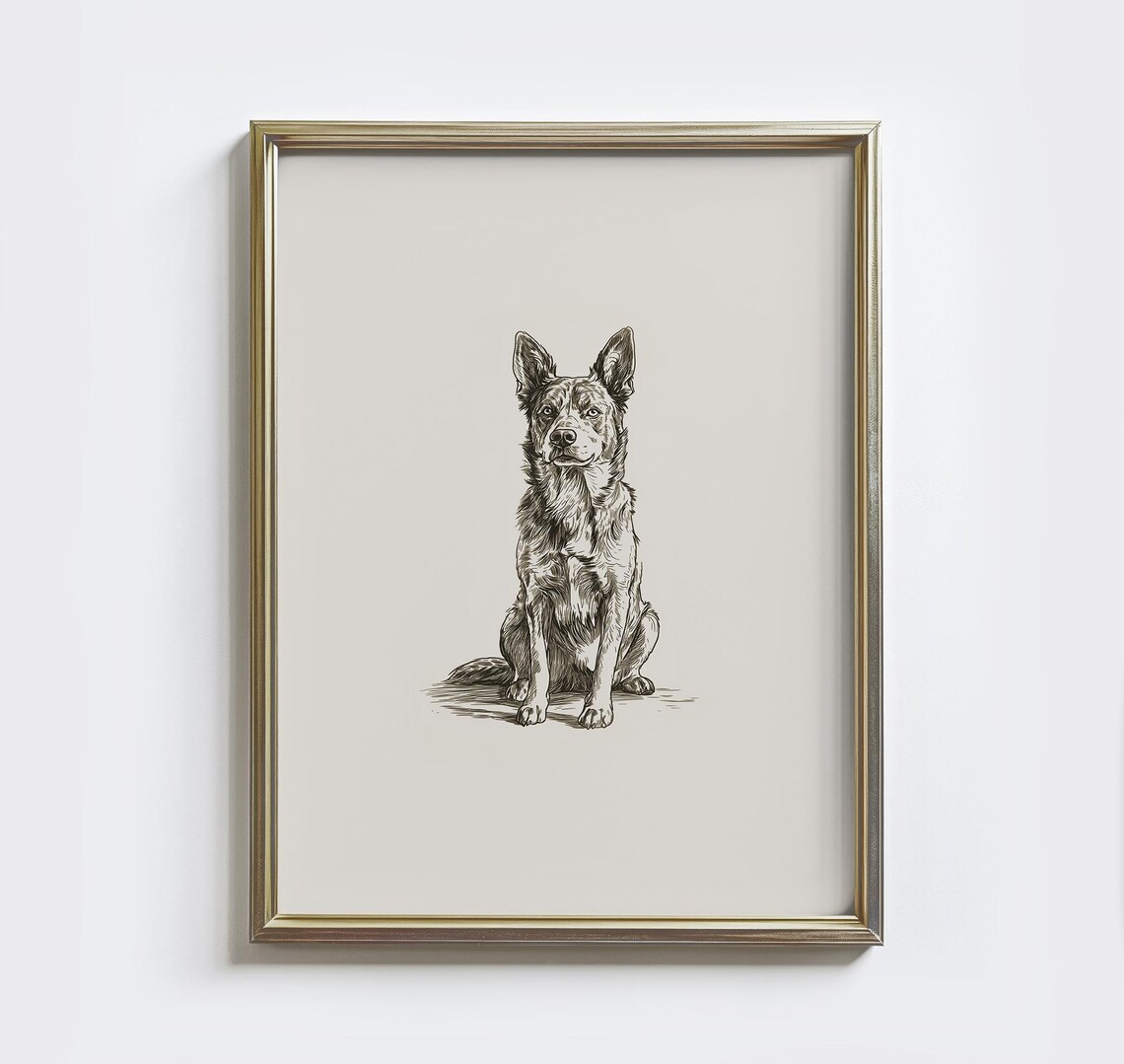 Australian Cattle Dog Sketch Print, Vintage Farmhouse