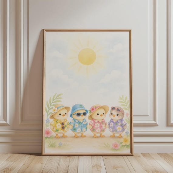 Nursery Wall Art Ducklings In The Sun Print Cute Animal Tropical Summer Artwork Minimalist Pastel Poster For Kids Room Decor