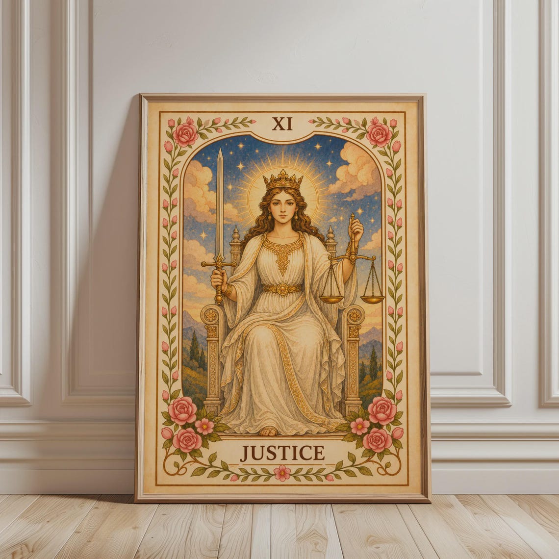 Justice Tarot Card Print Vintage Floral Boho Mystic Queen Decor